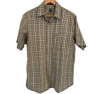 Timberland 100% cotton plaid button down shirt beige brown short sleeve medium